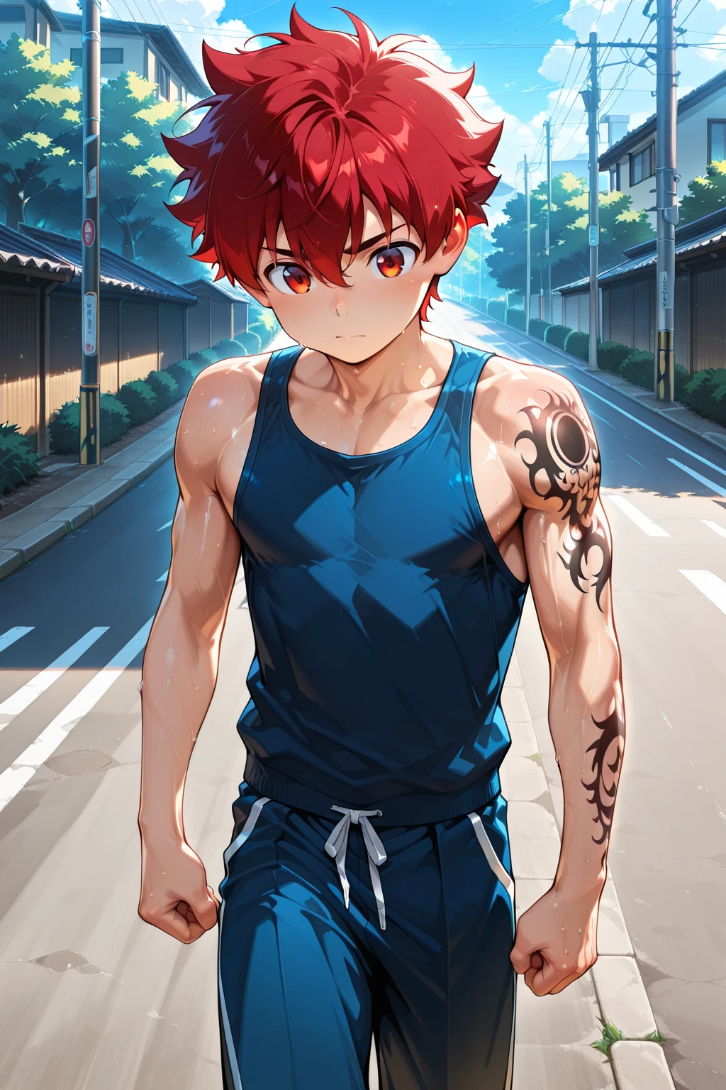 yukihira walking in the rain while staring at the camera with bright red eyes and a six-pack body with cross scars , 3d, 4k