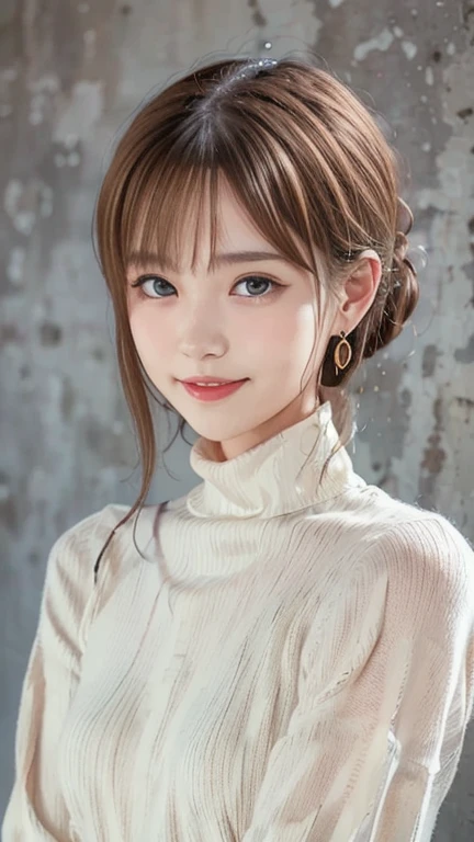 (8K, RAW Photos, Highest quality, masterpiece, Realistic, Realistic), (1 female), (Ultimate beauty), Highly detailed face, (Perfect Teeth), Beautiful Eyes, double eyelid, eyelash, smile, Lip details, Brunette Bob, The light shines on your face, (Huge boobs: 1.2), ((Blue Turtleneck Sweater)), ((Upper Body)), (background: garden), ((Written boundary depth))