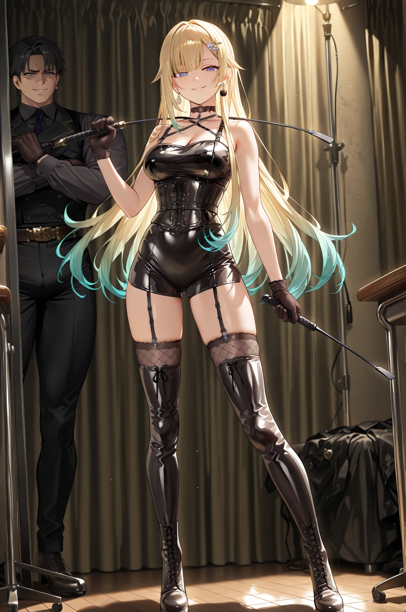 (((Yankee sitting:1.4)))、(((Poop sitting:1.4 )))、(((open legs:1.4)))、(((Wide-open legsでしゃがむ:1.4)))、(((Raise your knees and open your legs in an M shape:1.4 )))、BDSM、Queen、mistress、(((One girl)))、solo:1.8、(((Crimson latex elbow gloves:1.4 )))、(((Crimson latex corset dress:1.4)))、(((The corset dress is decorated with beautiful lace.)))、(((Corset dress with shoulder straps)))、(((Crimson latex tight mini skirt:1.4)))、(((Crimson thigh-high boots)))、(((Black fishnet stockings:1.2 )))、(((Stiletto Heel Boots:1.4)))、(((Black latex panties)))、(((Black latex bra)))、(((Red leather collar)))、(((Sexy pose:1.4 )))、Wide-open legs:1.2、(((Erotic)))、(((Cowboy Shot)))、Slim figure、Thin thigh style、Standard-size bust:1.2、(((erotic)))、blush、eyelash, eyehadow, face, lips, Compensate,Earrings、全身銀colorのコスチューム:1.4、
bangs, (((blonde:1.2))), aqua blue eyes:1.2, Long Hair,
1 girl, 20 years,young woman,beautiful Finger,beautiful long legs,beautiful body,
beautiful Nose,beautiful character design, perfect eye, perfect face,expressive eye,Perfect balance,
Looking at the audience,(Focus on her face),Mouth closed, (Innocent_big_eye:1.0),(Light_笑face:0.3),
Official Art,Very detailedな CG Unity 8k 壁紙, perfect Lighting,colorful, bright_front_face_Lighting,White skin,Perfect anatomical flexibility:1.0),(Highest_quality:1.0), 超High resolution,4K,Very detailed,
photo shoot, 8k, High resolution, High resolution, Confused:1.2, Kodak Portrait 400, Film Grain, Blurred Background, Bokeh:1.2, Lens flare, (Vibrant_color:1.2),Professional photos,
(beautiful,_chest:1.4), (beautiful_face:1.5),(narrow_Waist),邪悪な笑face、(((smirk)))、blush