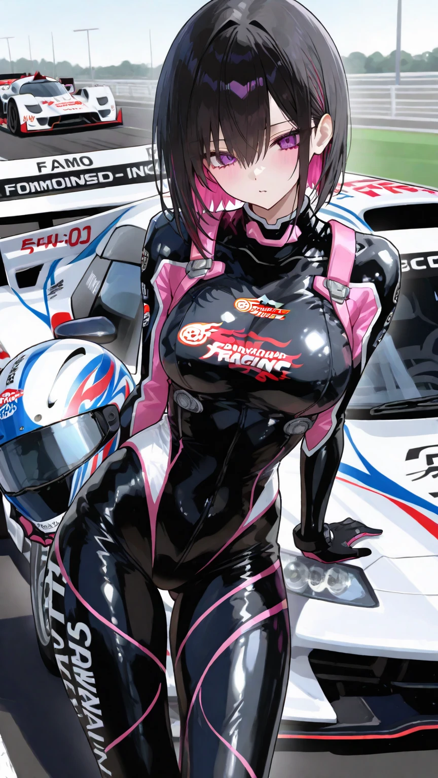 (masterpiece, best quality: 1.2), pretty girl, 18 yo, (white, race queen), (fight-fitting grid girl outfit with sponsor's logo printed:1.3), tight-fitting high leg leotard, long-sleeve latex leotard, medium breasts, cowboy shot, looking at viewer,
short hair,