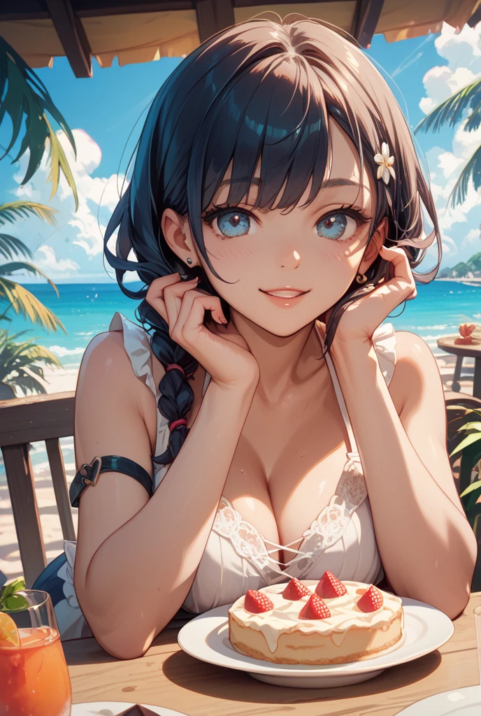 (Highest quality:1.4、masterpiece:1.4、超detailed:1.4、Ultra-high resolution:1.4、Absurd:1.4、Absolute Resolution:1.4、8K:1.4、detailed:1.4)、Slim body、((((1 person、sit、Happy expression、Chair、In the background are the urban buildings of Tokyo、looking at the camera、Outdoor café terrace、Navy hair color、juice、table、Very cute face))))、((((nude、very beautiful areola、valley))))、(Pose with hands tucked behind ears:1.4、Cheek resting on hand:1.4)、(bikini:1.1)、Very blue sky、A completely cloudless sky