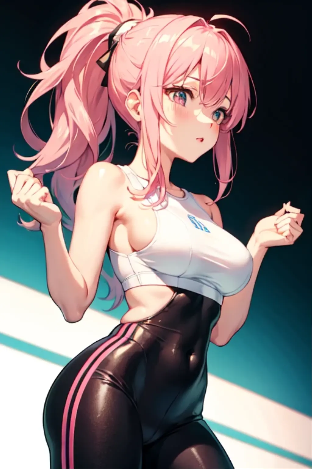 1 girl in public, ashamed, hits,  body, perfect slender body, 13 year old girl, pink hair in a side ponytail, sensual neckline, round breasts, micro shorts 1.4, ultra high definition, 4k image, green eyes, character close up camera, tight shorts, v panties, pink panties, low waist panties. Sakura Haruno. Small top and big tits that come out from under the top. 