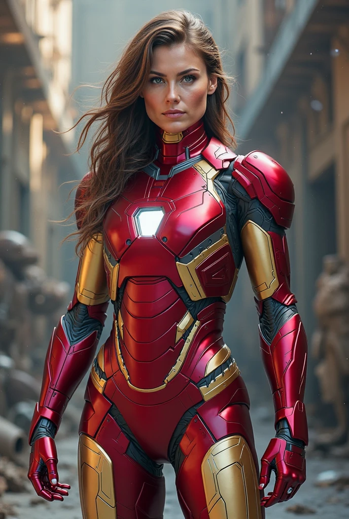 Extremely detailed photo of a woman in Iron Man armor, Lora Elizabeth, 8K UHD, raw photography, model photo shoot,
