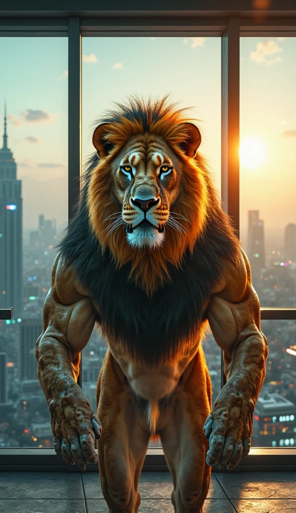 araffe figure of a lion with a muscular body and a lion's head, having computer in one hand with screen on the photo