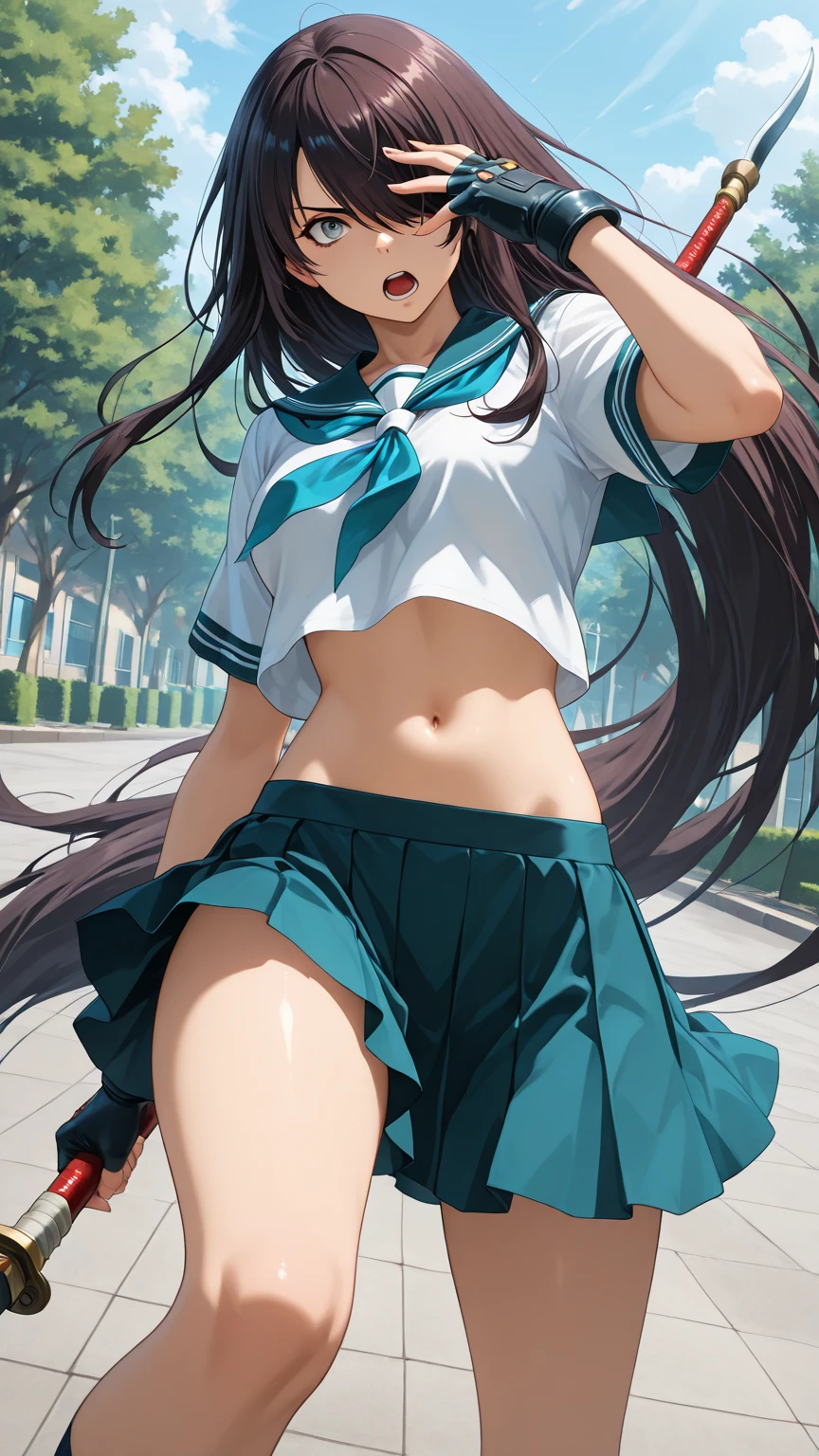 highest quality,masterpiece,8k,1girl,medium breasts,orgasm,blush, sweat,mini skirt,lift skirt,upskirt,white panties,Mizuki Yukikaze,hair ribbon, green shirt, serafuku, white neckerchief, long sleeves, pleated skirt, black skirt, black thighhighs