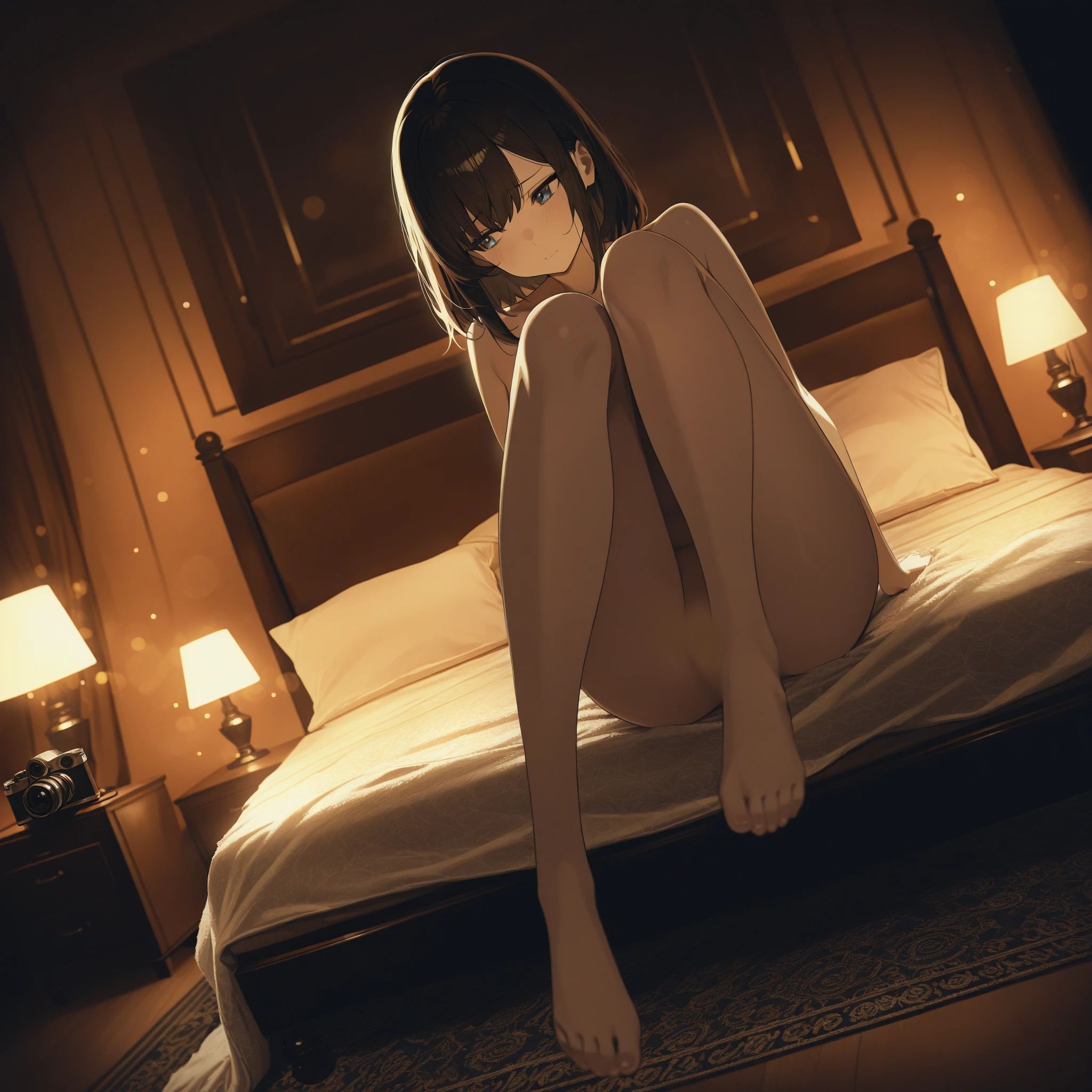 Highest quality、Ultra-high resolution、Fantasy、roleplaying game、The first is a small, naked Hobbit girl with no clothes on, looking embarrassed.、There is a transparent balance ball between the legs.、In the bedroom、night