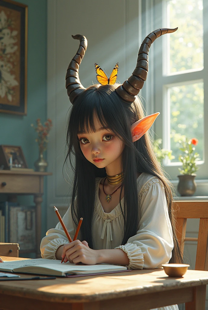 solo (Best quality: 1.4 pcs), (Masterpiece: 1.3 pcs), Solo, (Church, Night, Winter, Yellow Lantern, Table Lamp, Elbow on the Table, Jasmine, Brunette Hair, Braids, Blue Eyes, Elf Ears, Red Fur Coat, 2 Devil Horns: 1.3), Solo, (Cute Interior, Detailed Interior, Coffee Bill, Books, Interior, Cute Interior: 1.3), Young Girl, Blue Eyes, (Jewel-like Pupils: 1.3), (Clear Face, Support Your Face with Hands), Gaze, Serious Eyes, Smile, Cute Girl, Fluffy Hair, Cute Doll