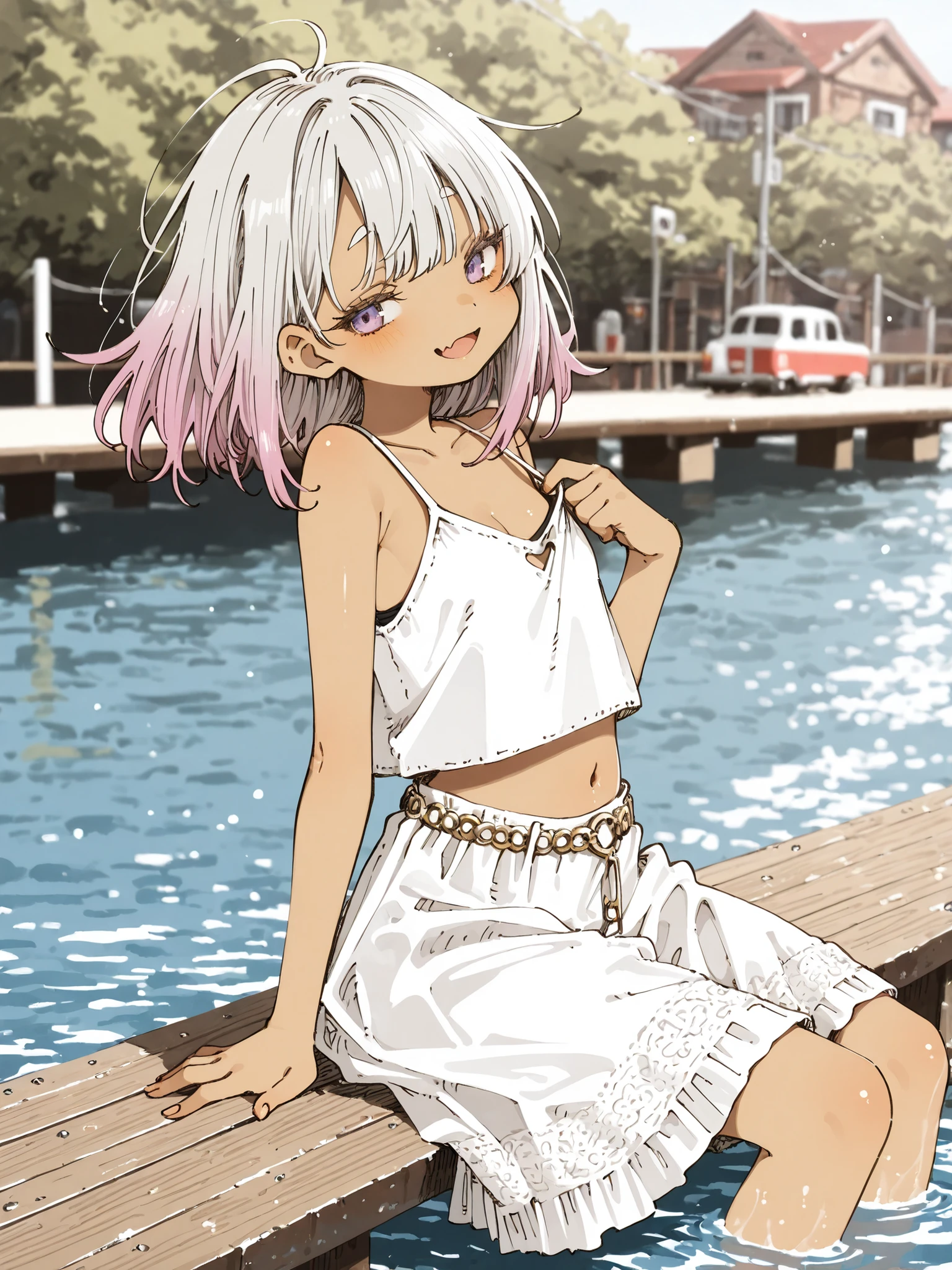 ((Abara Heiki Style)), ((Masterpiece)), ((best quality, amazing quality)), ((very aesthetic, absurdres, newest, detailed background)), ((detailed background, negative space, blurry background, depth of field)), (from side, wide shot), (cinematic lighting), ((1girl)), (cute young girl), ((brown-skinned)), (Healthy Gaunt body, Textured skin, small , cleavage, tilt head), Glossy hair, (Choppy bangs, long side bangs), (medium hair, platinum-gold hair, unruly hair, gradient hair), ( smile, open mouth)), skin fang, (pale purple eyes, glitter eyes, gradient eyes, averting eyes, looking at side), big eyes, (short eyebrows), glossy lips, pouty lips, (lower eyelashes), BREAK, ((loose pale pink cool croptop, sheer croptop, low-cut armhole), medium skirt, O-ring belt, Beautiful collarbones, ((Pulling at the of the camisole, pull by self, slightly exposed cleavage)), cute navel, (loose sitting on the Dilapidated pier, Ankle submerged in water, port town, wavelets), outdoor, sultry, Beautiful landscape, salt wind blow, Scattered rubbles,