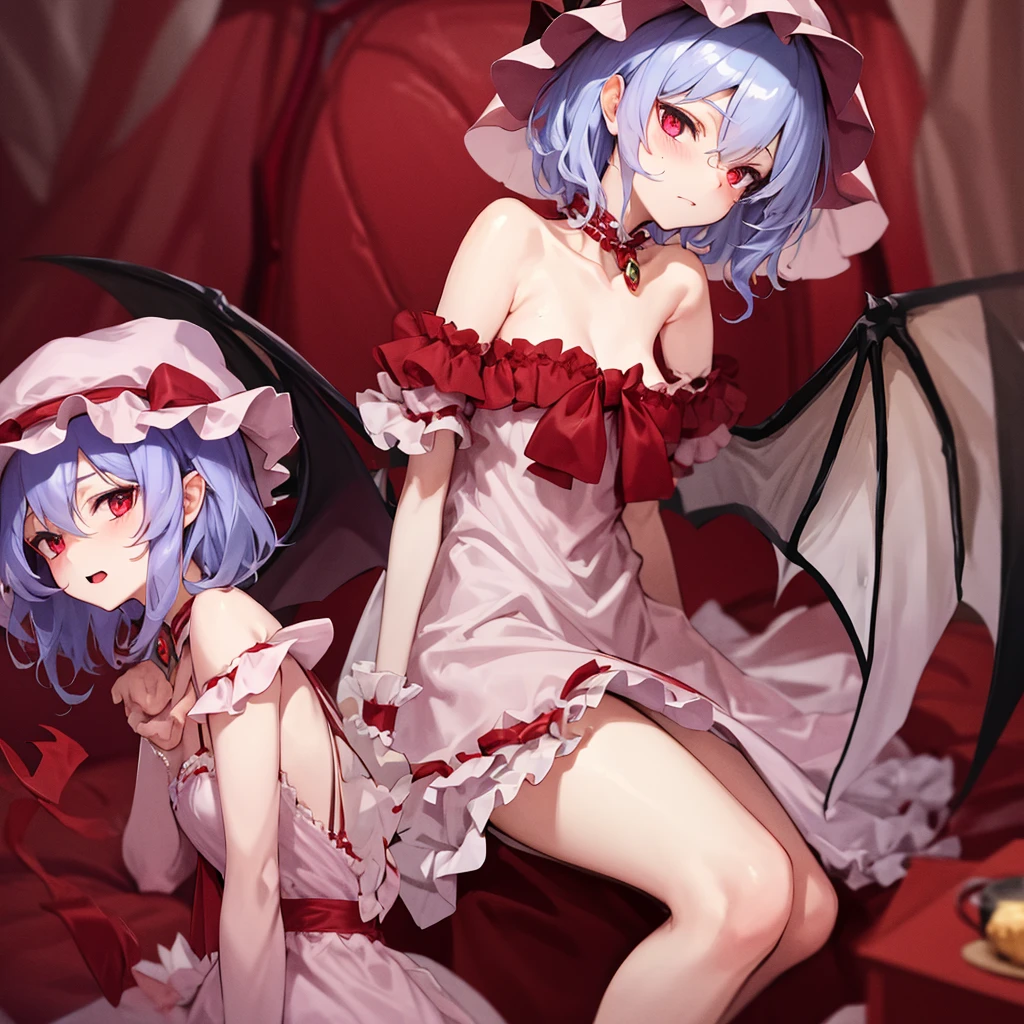 Remilia toho character, (solo:1.2), (standing on deck of mansion:1.1), a full moon, midnight, BREAK, short hair, collarbone, (very perky large breasts), (emphasize cleavage), (inconceivably thin waist:1.3), (very short thin torso:1.2), very long (thin legs), emphasize thigh gap, BREAK, (sheer white dress) with (plunging neckline:1.2), shoulder straps, (brown inconceivably wiry corset cinches waist too tight:1.5), frilled (too short white miniskirt), (light blue thighhighs), BREAK, nose blush