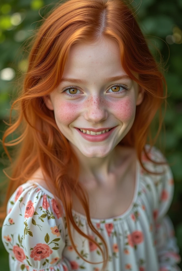 NSFW,Masterpiece, a young 11 years old girl, redhead, cinematic, The portrait showcases a young redhead girl with a shy and innocent demeanor, blueish eyes, sensual slim face, subtle freckles, big lips, small perky breasts, small ass, small slim body, she is wearing a tight mini low cut shorts and a mini tank top, navel, Her hair is styled sleek and straight, elegantly framing her face with adorable long hair .Her face is illuminated by gentle lighting, highlighting her delicate features. The girl's eyes sparkle with a hint of curiosity and her lips form a subtle, shy smile. The background consists of a ourtoor nature autum scenery muted and warm-toned setting, providing a calm and serene atmosphere. The composition focuses on the girl's face, capturing the intricate details of her flawless white skin, The overall image exudes a sense of tranquility and captures the innocence and gentleness of youth, full body shot, no top