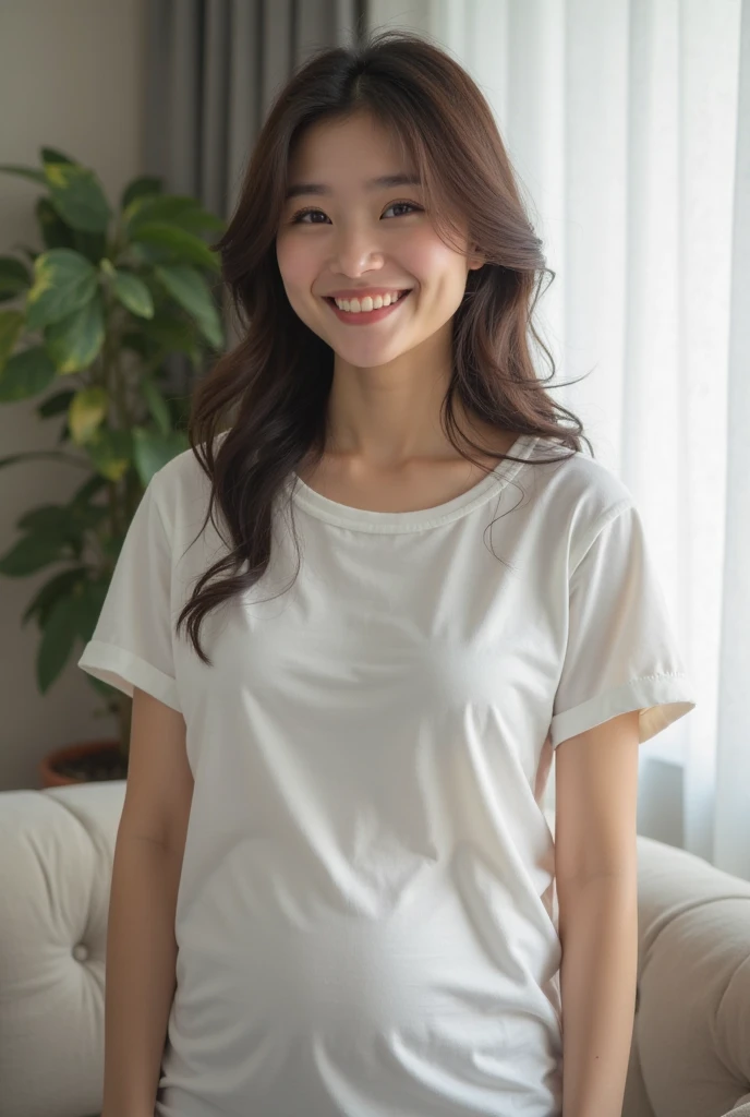 An ultra-high picture quality、Perfect Photo、Japan beautiful girl、17 age、female high-school student、Slender body、Black hair Long hair、With bangs、Cute room、Own room、Sit on a chair、Raised tretch comfortably、Wearing only a plain white T-shirt、Gaze from above、Nokezoru、Adored expression、It hurts a lot、Dazzling、Looks very dazzling、Stand up on one knee、Put one foot on the chair、naked, nipples, panty shots
