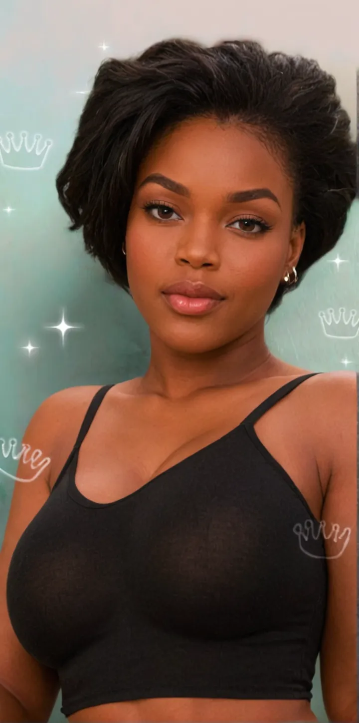 a close up of a woman in a black bra top posing for a picture, in a black betch bra, sexy face with full makeup, sexy look, black bra, tessa thompson inspired, tiny black bra, posing in bra, wearing bra, with professional makeup, 3/4 bust, 2 4 year old female model, sexy girl with dark complexion