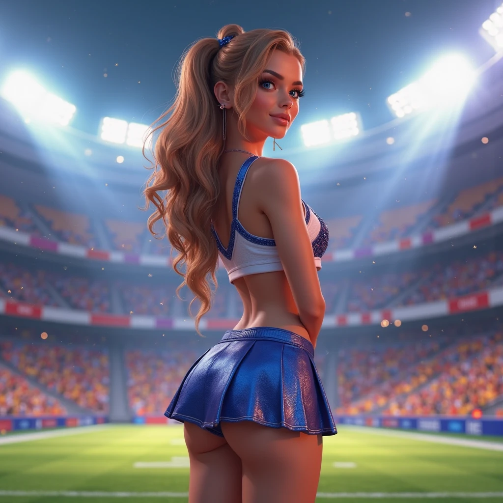 psychedelic oil painting of sexy young woman cheerleader, brazilian with dark, wavy hair, brown eyes, tan skin, athletic build,             wearing Retro cheerleader outfit in royal blue and white, including a letterman sweater, pleated skirt, knee-high socks, saddle shoes, pom poms, sweatbands, scared at the viewer, pointing her finger at the viewer, .set in  Stadium Field Equipment Area, Organized space with goalposts, yard markers, sideline markers, groundskeeping tools, maintenance vehicles, and storage containers , at night. .Masterpiece,best quality, psychedelic, oil painting style,