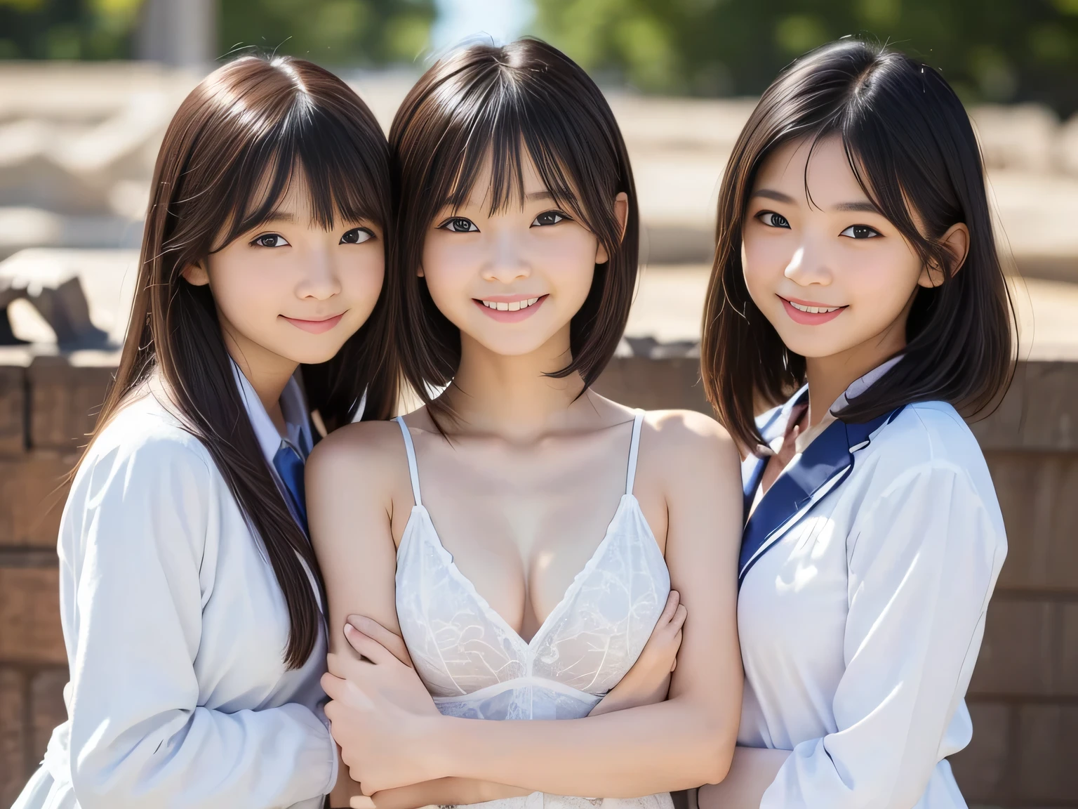 Nogizaka 46 Girls、3 beautiful girls、student clothes、NSFW、17 age、body shot、Coming to the hotel、a smile、buttock