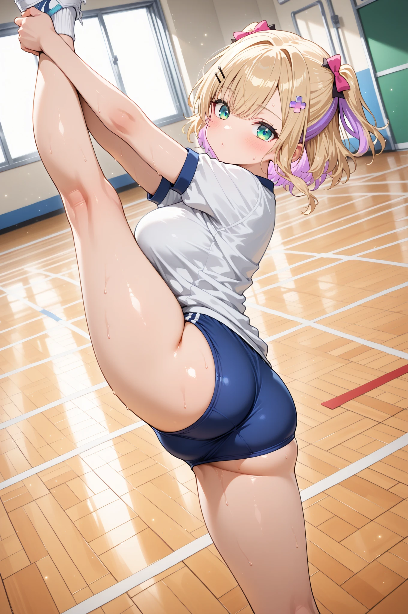 ((touch your own ankle)), standing、(((top down))), bottom up, back view, leaning forward, Beautiful ass、cameltoe, Ass Focus、Highest quality、Best image quality、masterpiece、One Girl、26 years old、Best Bust、Big Breasts、Beautiful Eyes、blonde, Green Eyes、untie ponytail、Long Hair、Natural smile、blush、Shining Sweat、female gymnastics athlete, Sparkly long sleeve leotard、High Leg, looking back,At the Olympic Gymnastics Hall、Arena with a large audience、Shallow depth of field、