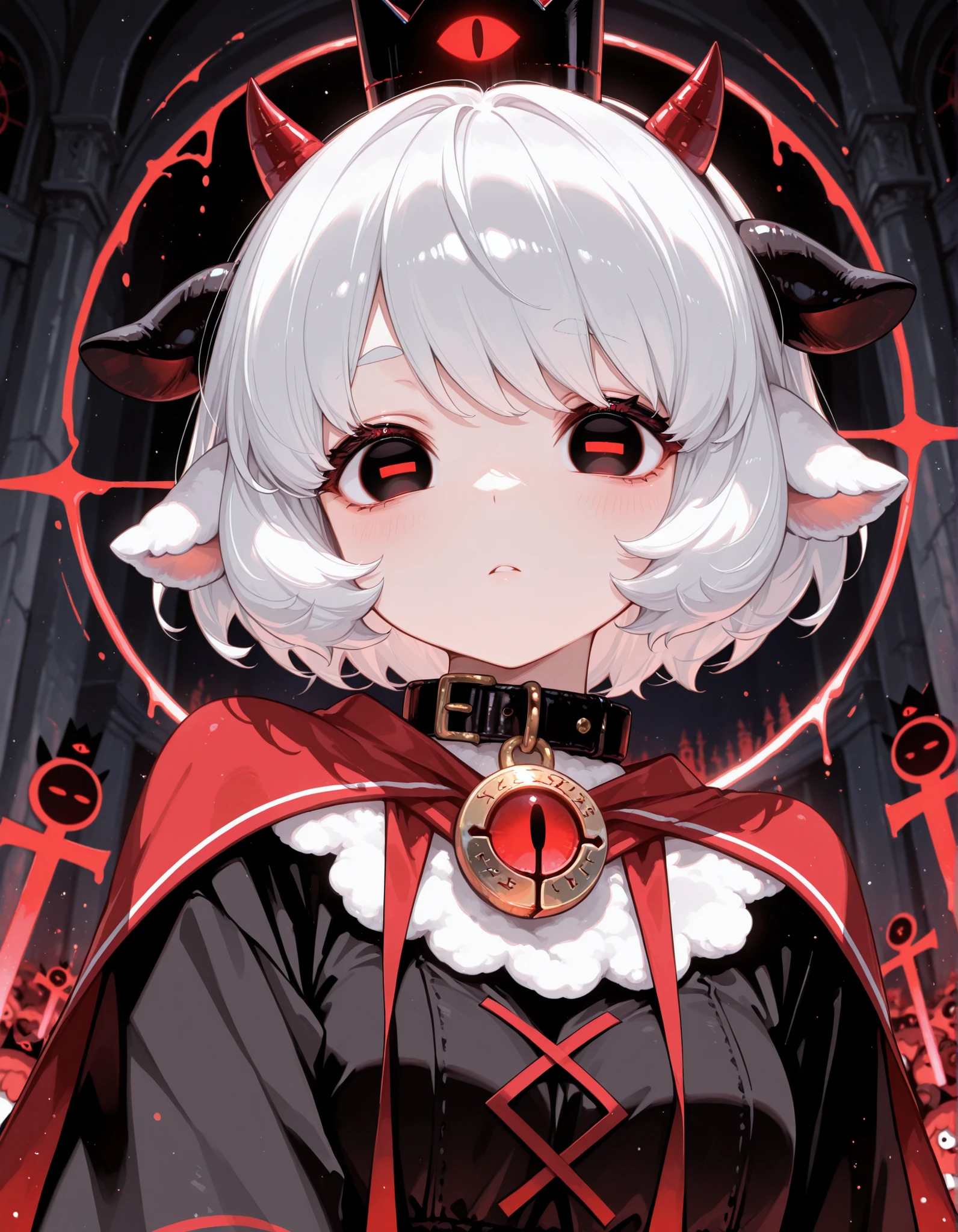 ,, masterpiece, best quality, very aesthetic, 1girl, solo, cult of the lamb, sheep girl, collar, horizontal pupils, red/black eyes, red crown,