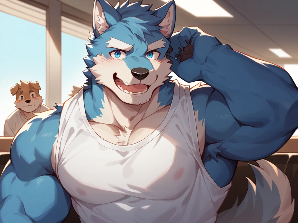 Hominidae, Pose for Camera. 4K, high resolution, Best quality, posted on e621, (Two anthropomorphic blue wolves:1.2), male people, 20yr old, Thick eyebrows, Light blue fur, Ultra-short hair, shaggy, Strong body, large pecs, ((Shirtless)), They were leaning together, Pink milk clusters, Golden pupils, sweat leggs, White skinny shorts, medium bulge, In the gym, (sport, Muscular, Heavyweight:1.2), Correct anatomy, (by Chunie, author：Taran Fidler:0.8), (Detailed eyes:1.2), Sexy, (cel-shaded:1.2), cartoon shading, shyexpression, Be red in the face, (view the viewer:1.2)