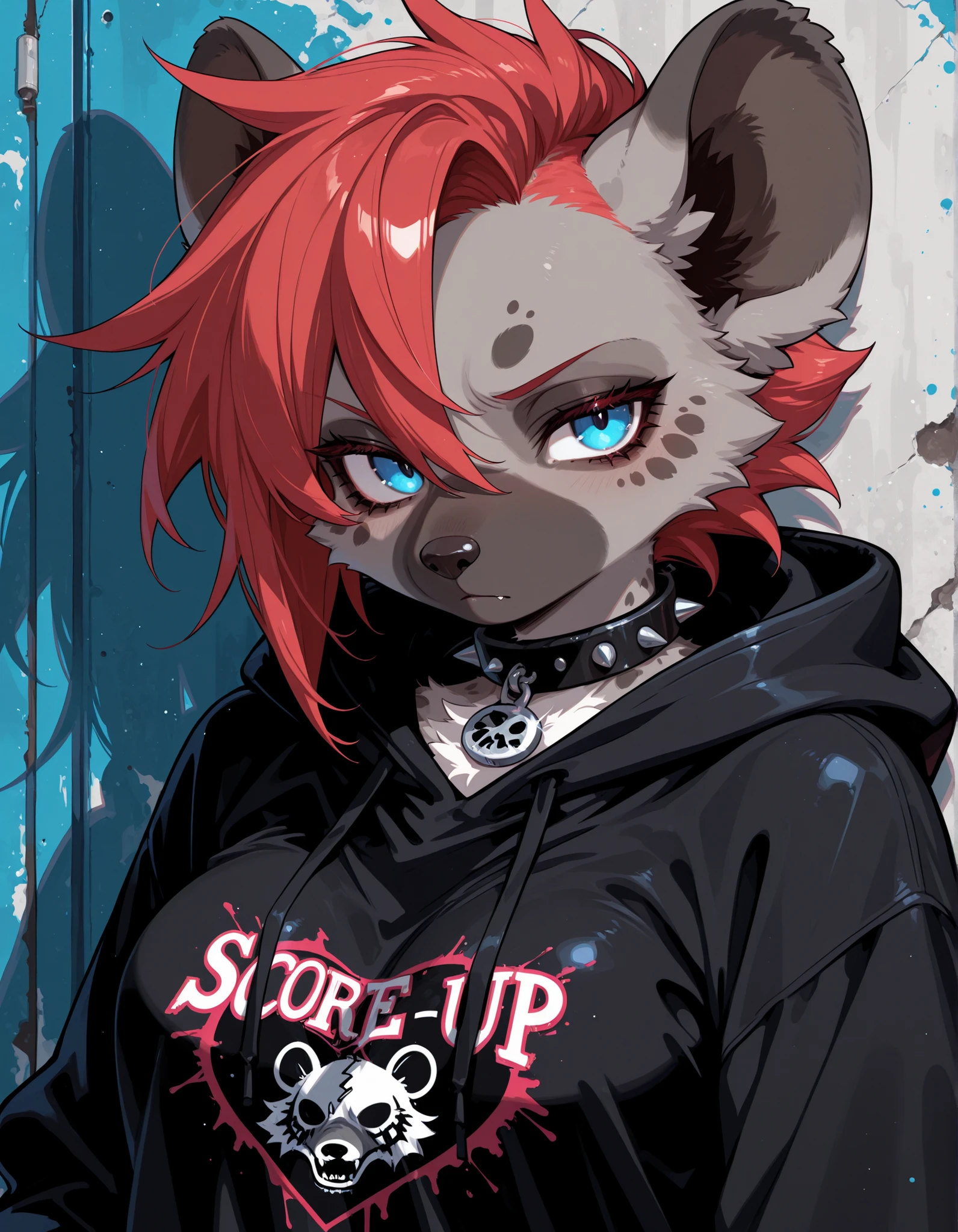 ,, 1girl, solo, anthro hyena, furry, furry female, blue eyes, punk, grey fur, black hoodie, breast, spike collar, red hair,