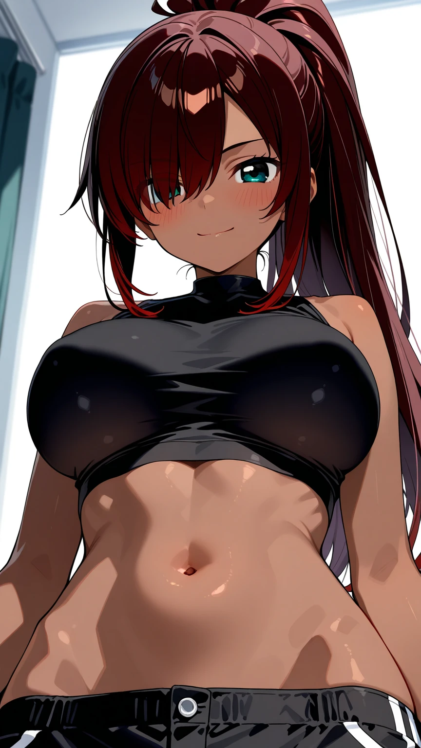 masterpiece, best quality, 1girl, unielYuzuriha, blush, evening, seductive, seductive smile, loving, cute furrowed brows, playful, mischievous, looking at view, front view, forward facing, leaning forwards, bending over, hair ribbon, ponytail, large breasts, purple camisole, crop top, cleavage, cleavage cutout, ample cleavage, midriff, navel, sexy midriff, casualwear, short shorts, dolphin shorts, boyshorts, athletic shorts shorts, big smile, sexy, cute, love, enticing, alluring, aroused, toned abs, toned muscles, thighs, thick thighs