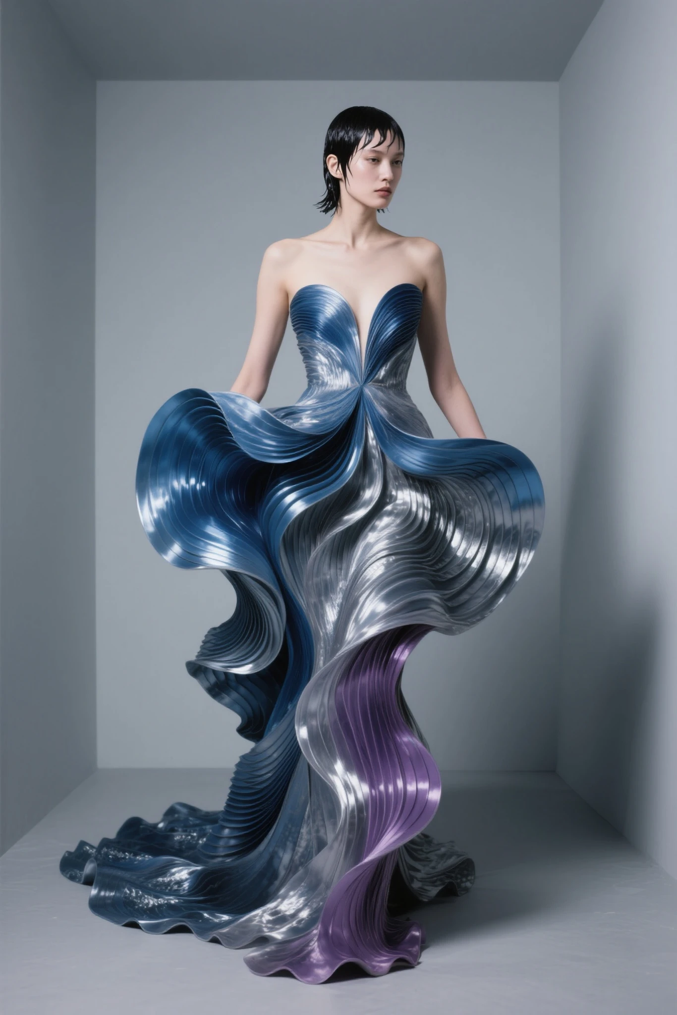 A striking conceptual studio photograph of a model wearing a stunning, futuristic dress. The gown appears to be made of liquid metal, shimmering in iridescent hues and displaying antigravity properties. The dress is adorned with swirling particles of metal, giving it an ethereal, otherworldly appearance. The background is kept minimalist, allowing the focus to remain on the model's elegant pose and the innovative design of the dress.