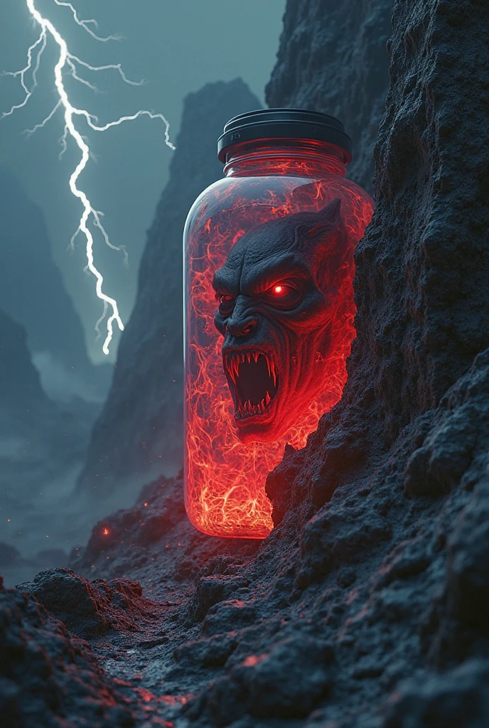 A close-up view of a large antique bottle with a cork stopper. Inside the bottle is a hyperdetailed storm cloud. The cloud is in the form of an enraged entity with red eyes and detailed menacing features. Lightning crackles all about it as it attempts to free itself from its glass prison.