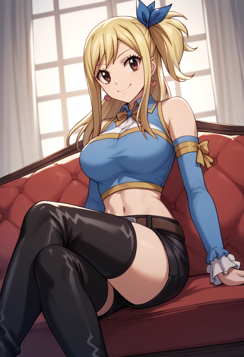 masterpiece, best quality, highres, lucy heartfilia, lucy heartfilia, 1girl, solo, blonde hair, brown eyes, twintails, large breasts, barefoot, detached sleeves, midriff, cropped vest, strapless, belt, black skirt, low angle, view from below, indoors, smile, sitting, show your foot, sexy, Spread your legs
