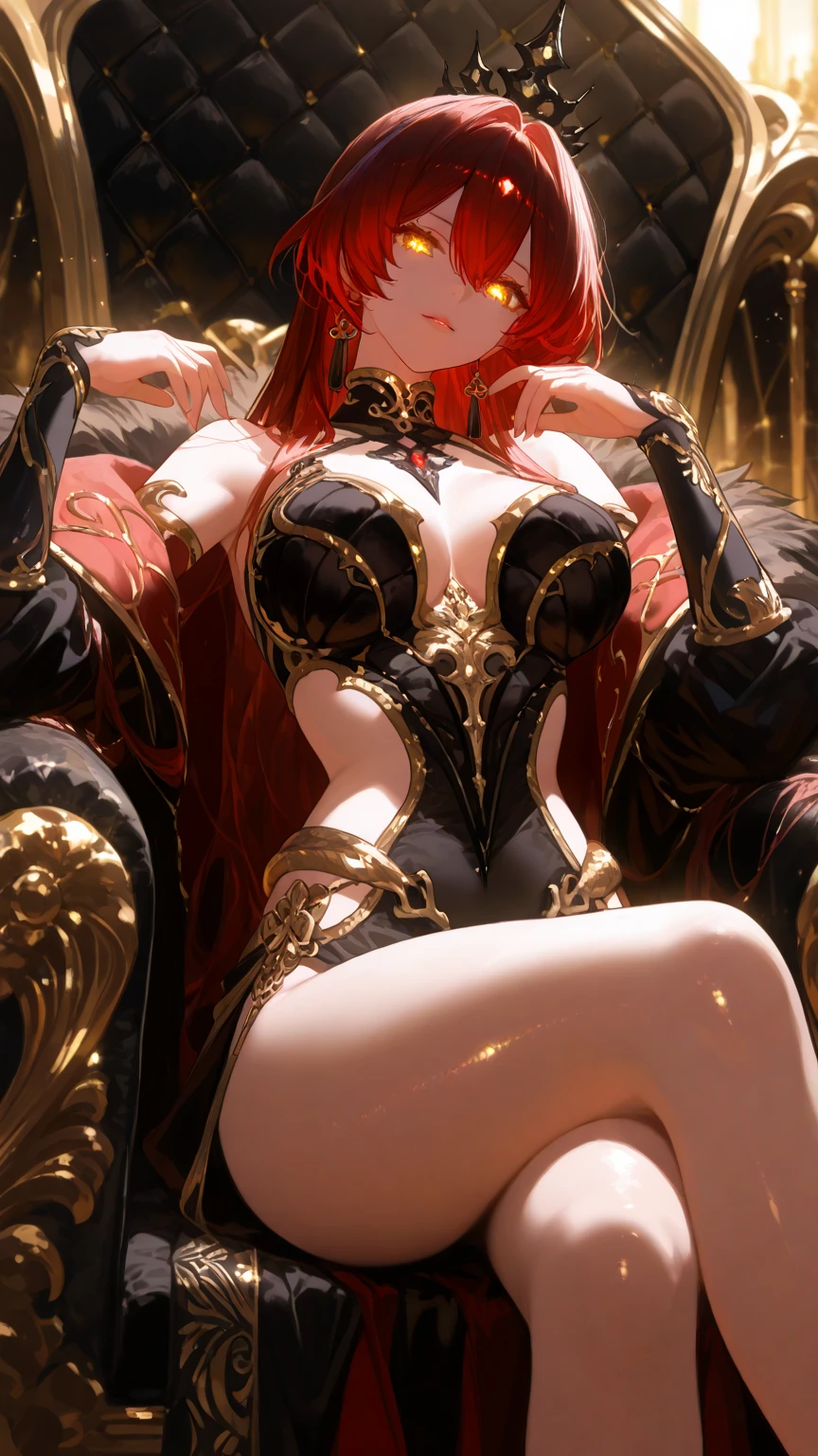 taken in 8K HD. Realistic photographic illustration, real body proposition, very detailed with extreme close-UP style of a very beautiful Chinese woman, 25 years old, has an ideal body shape, has a chest size of 40F. the woman has long flowing red hair, the woman is wearing a fairy dress like in the dongua film, the dress is a combination of black and gold, has a long cloth fluttering on the side giving a charming impression, the woman is posing opening her skirt while straddling like urinating in a garden filled with colorful flowers and fireflies at night