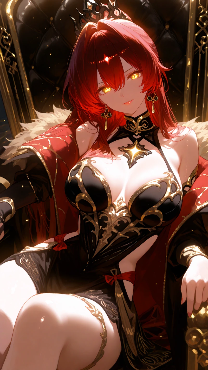 Highest quality, masterpiece, figure, wallpaper,One woman, Beautiful detailed woman, Highly detailed eyes and face, Beautiful attention to detail, Shine, Purple Eyes,,Bright Red Hair ,crisp finger, clear background, deep night、Big earrings、bracelet,28 years old,Are standing,Thighs,Large Breasts、Nipples、nude、sexual act