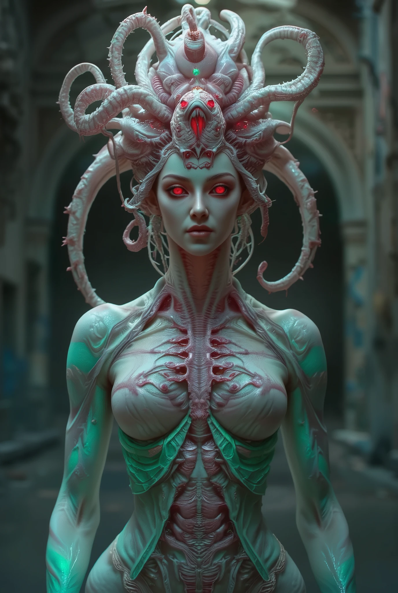 (best quality,4k,8k,highres,masterpiece:1.2), ultra-detailed, (realistic,photorealistic,photo-realistic:1.37), (There is a female genital-like organ on her head:1.7), erotic white female creature, otherworldly, Lovecraftian, chitinous skin, bioluminescent patterns, somber color palette, eerie lighting.(NSFW:1.4), white, pink, very sharp long red claws, (She has bioluminescent all over her body:1.3), erotic, (NSFW:1.5), fractal, tangle, entangle, zentangle, destroyed anatomy, (extremely thin waist:1.2), ferocious predator,