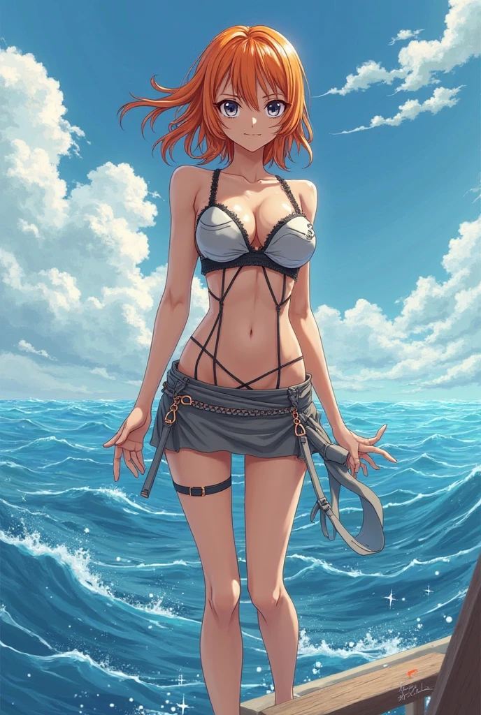 Masterpiece artwork, top-quality, high resolution, standing alone, lewd body, outdoor beach, tight micro bikini, misaligned bra, t-back side binding, facing at viewer, gazing at viewer, from low, scruffy panties, sexual expression, fangs