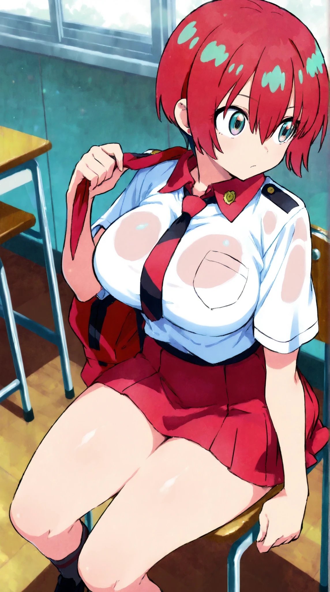((Tabletop, Highest quality, High resolution, Pixel perfect,  4K, nsfw)))、1 Girl, Beautiful woman、(((sex、Sex with a middle-aged man、Surrounded by multiple dicks、bukkake)))、((short hair, Twin braids、Red Hair)), ((blue eyes、Beautiful eyelashes, Realistic eyes)), ((Detailed face, blush:1.2)), ((Smooth texture:0.75, Realistic texture:0.65, Realistic:1.1, Anime CG Style))、Big nipples、((Small breasts、Swollen nipples、Thick thighs)), Perfect body、Night Classroom、((((:or、Embarrassing、Are crying、blush))))、((Sweat))、Lying down、Spreading her legs、(Put your hands behind your head、Armpits)、((White Panties))、