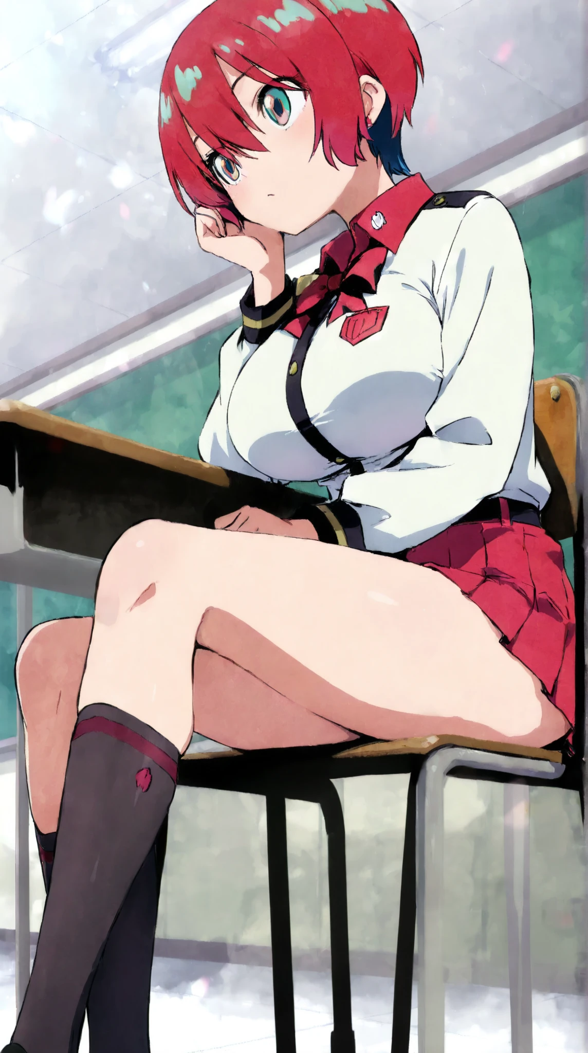 masterpiece, Highest quality, High resolution, 1girl kaori saeki,  Spaghetti Straps、Black vest、Red tie、Red Skirt、Black knee socks, classroom, Cowboy Shot, (Conceit:0.3), View your viewers, Focus Only、Sit on a chair with your legs apart、Voluptuous thighs、Big Boobs、Big ass、White panties、White bra、A Seductive Smile