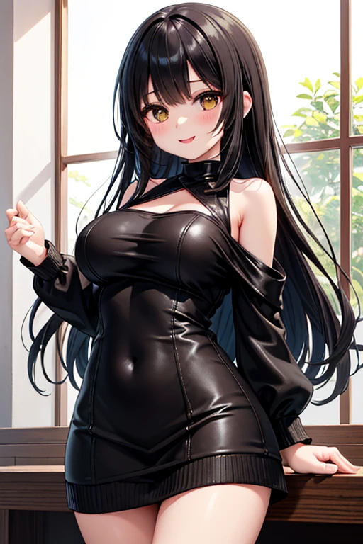 Long black hair, all-black full-body cheongsam, obvious eyeliner, large breasts, cat ears and cat tail 