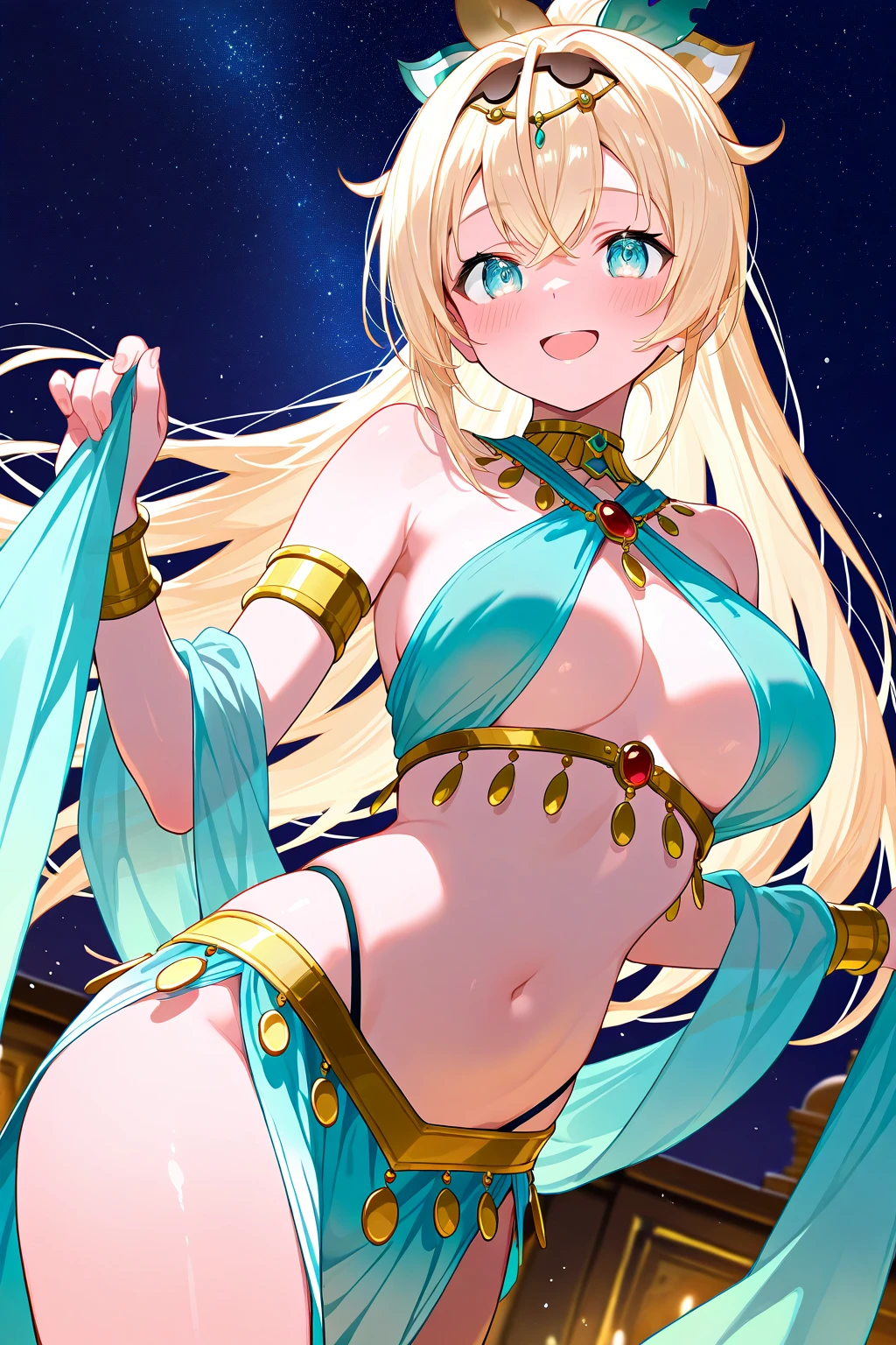 1woman 30year old, large breasts, triple D cup breasts, round buttocks, bubbly buttocks, long blonde hair, looking at viewer, navel, cleavage, bare shoulders, brown eyes, jewelry, medium breasts, earrings, midriff, belt, necklace, bracelet, lips, armlet, ((dynamic pose)), ((dynamic angle)),