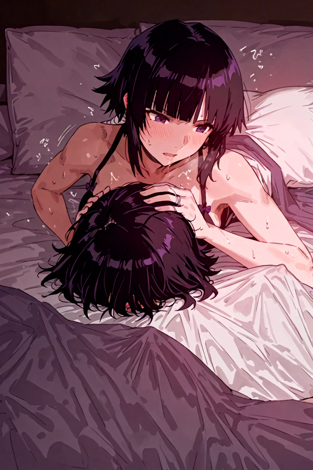 nsfw, masterpiece, anatomically correct, highres, best quality,(1 boy and 1girl are having sex),1girl, ((1boy)),(hetero),kneeling, hug from behind, 1boy, (kissing her face), ((grabbing another’s breast)), (fingering,grabbing:1.3),grabbing from behind, (snake tail), (Background: on bedroom bed), black hair, (hetero), ((beautiful large breasts 1.5)), (nude:1.3), shy, blush, parted lips, heavy breathing, (drooling), endured face, excited, ((sweat, steam:1.5)), wet, looking away, full body