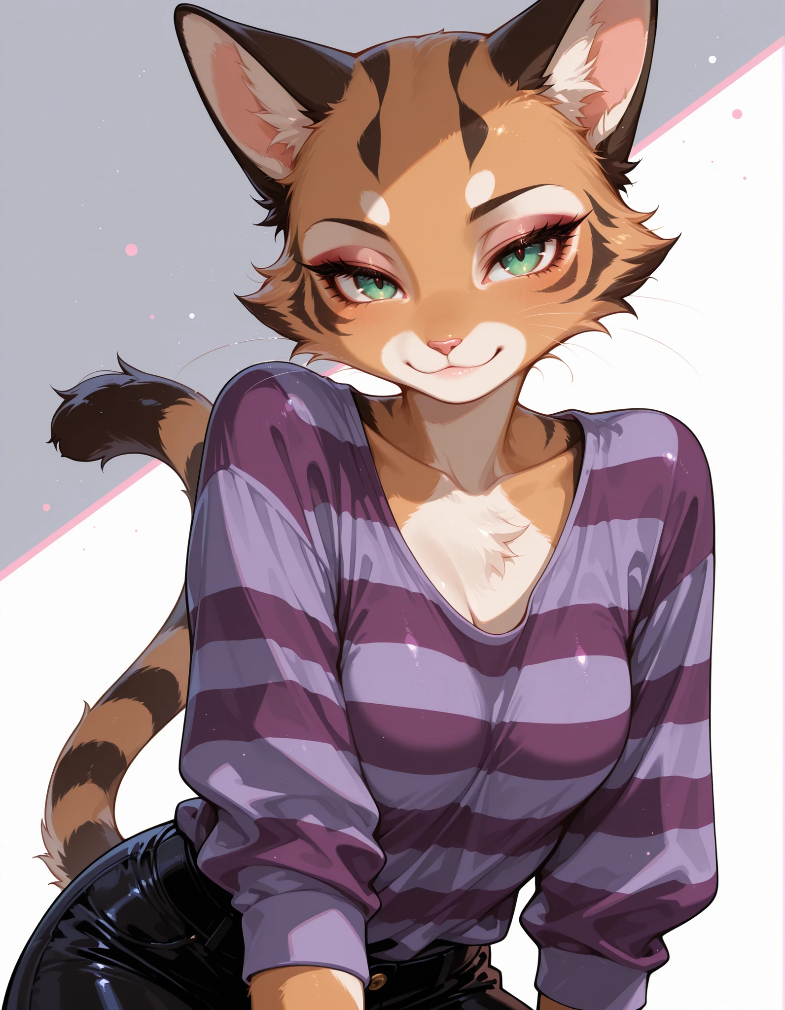 fuyumur4s4ki_illu, abstract character, solo, 1girl, fran, cat girl, furry, green eyes, simple eyes, tail, purple shirt, striped shirt, looking at viewer, seductive smile,, masterpiece, best quality, very aesthetic, absurdres, high resolution, ultra detailed, perfect details,