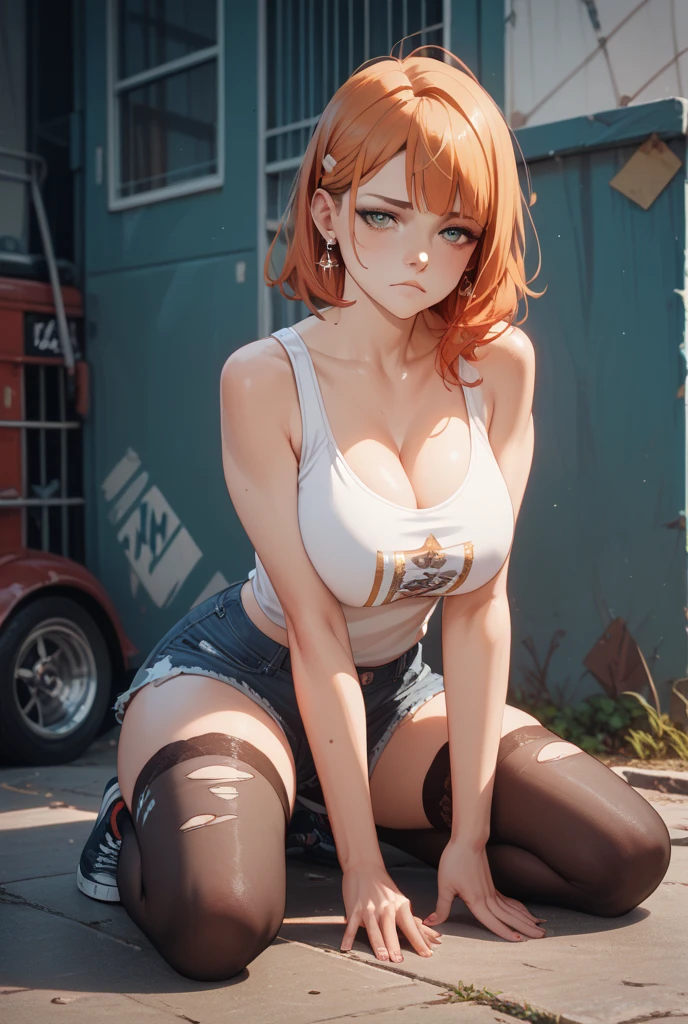 beautiful woman, ((caucasian skin)), red hair, short hair, evil smile, ((garage)), sitting, red lipstick, jeans shorts, tank top, green eyes, portrait, slender body, gold neck chain, busty