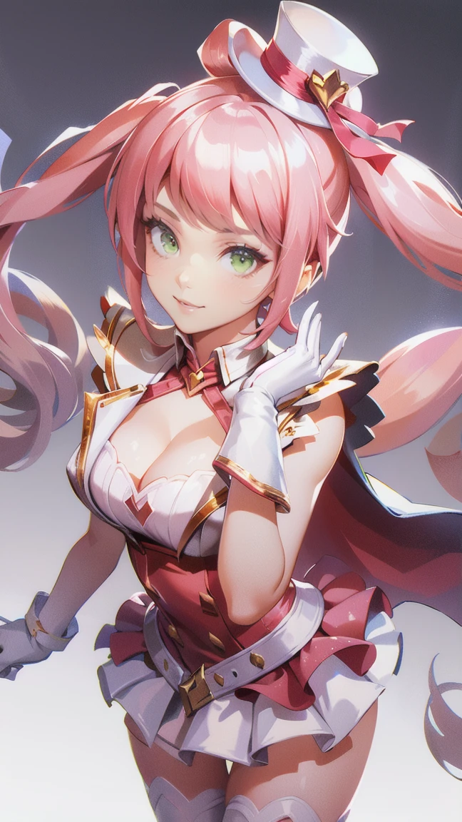 (Perfect Anatomy)、Mastepiece、Ultra High Quality、 8K、masterpiece、Highest quality、Ultra-high resolution、Maximum resolution、Very detailed、Professional Lighting、anime、woman、thin、so beautiful、Highly detailed eye、Highly detailed face、Golden earrings、Pink Hair,、Pink eyes, upper arm pink armor, white leotard, pink pattern, grassland, whole body, magical girl, Angel Girl