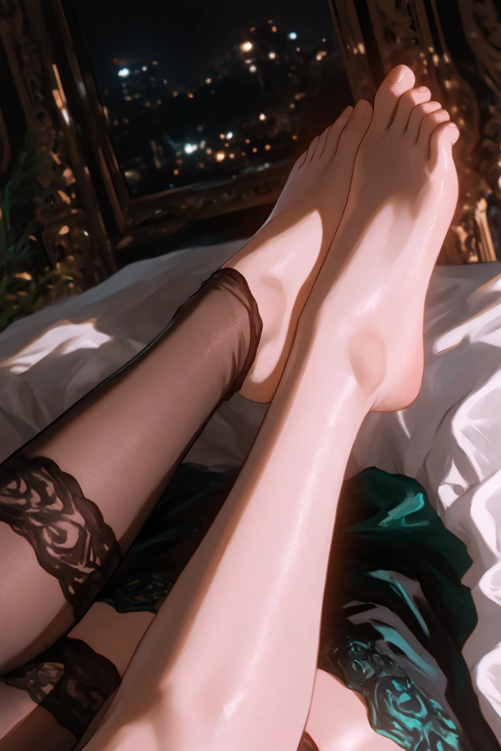 Douluo Continent 4 Ultimate Douluo Golden Dragon Princess，Lace hollow transparent suspenders pure black sexy lingerie high heels，Legs split left and right，Chinese style，Facial Desire，Unsatisfied，Lying in bed with your body in a &quot;big&quot; shape