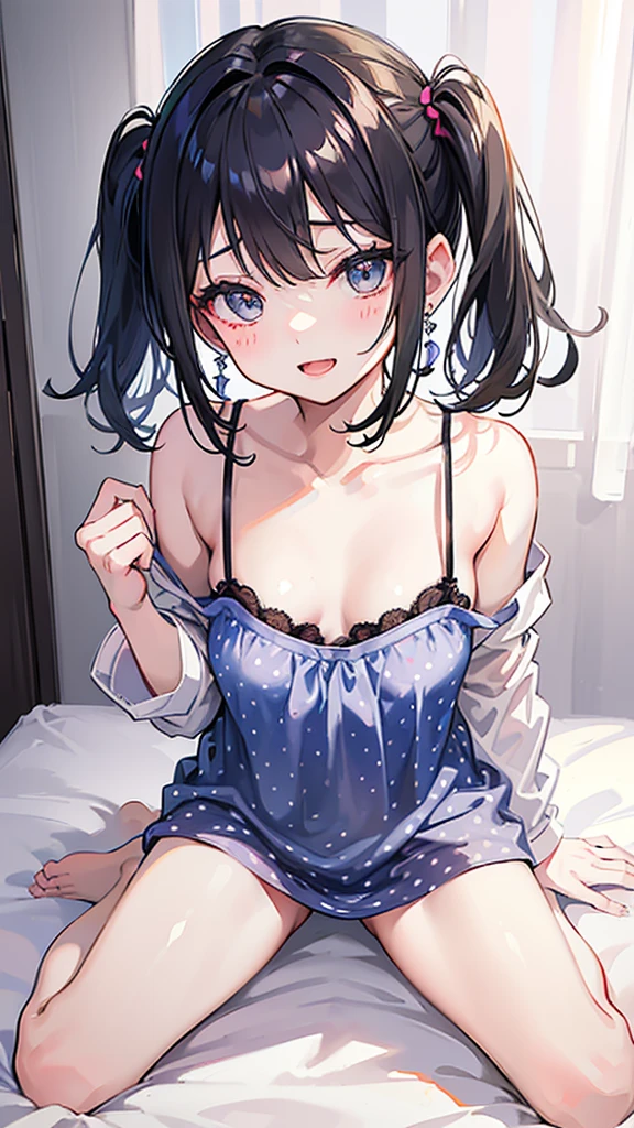 finger to mouth,from front,front view,looking at viewer, looking ahead,from above,cowboy shot,1girl,Beautiful 11 year old girl,Japanese,Slender,,low length,Small breasts,Thin legs,Small Ass,Baby Face,Small face,Black Hair,Row Twin Tails,Gray Eyes,Drooping eyes,middle School girls,A see-through black and blue negligee,Sexy Lingerie,open mouth,tongue out,front face,Kneeling,Straight Stand,Beautiful and detailed anime art,Mischievous smile,Sexy vibe,cum on tongue,Dimly lit room,On the bed,Simple Background,Gray background,Low lighting,
