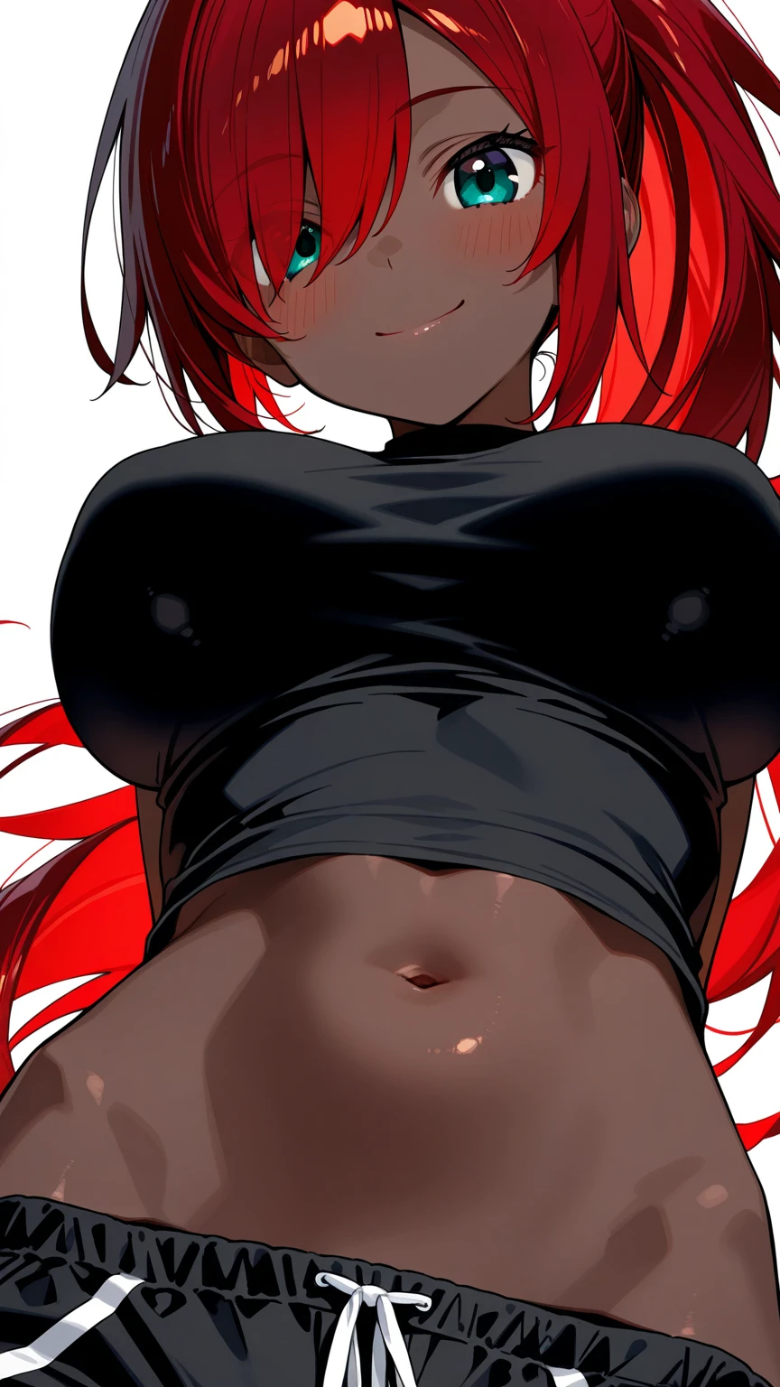 A stunningly realistic dark fantasy portrait of a tall, leggy red-haired woman with a chiseled abs, small waist, large emerald green eyes, and plump lips. She stands confidently, her body displayed in all its glory. The background is a mix of dark, brooding colors, with some ethereal elements, creating an atmospheric and mysterious setting. The overall tone of the image is a blend of beauty, power, and darkness., dark fantasy, portrait photography, painting