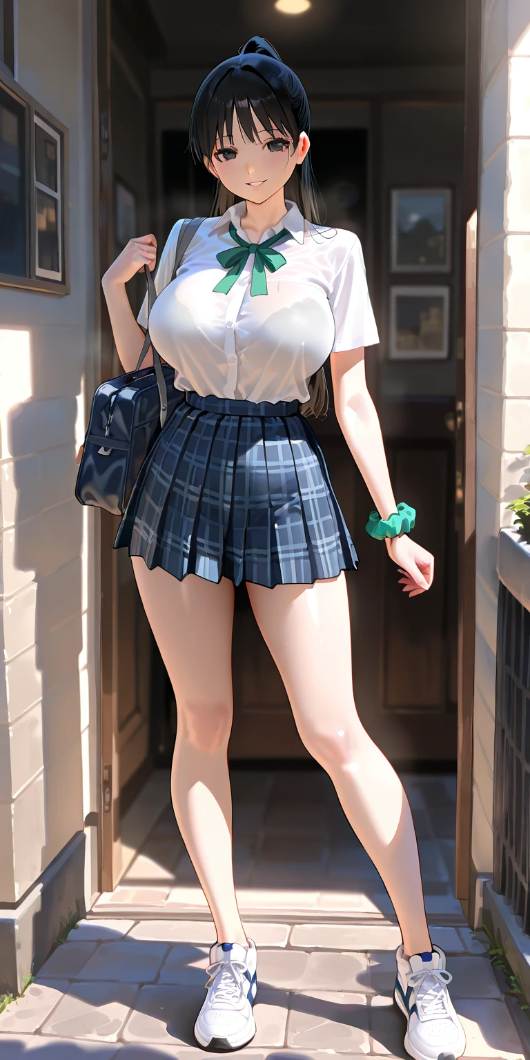 ((best quality)), ((masterpiece)), ((detailed)), anime style, ((sexy)), 1girl best quality, portrait, ultra-detailed, pretty face, perfect ???????, soil, pale skin, perfect long black hair,((green beautiful eyes)), red bright lips, pink cheeks, perfect outfit, school uniform, white shirt, green skirt, sexy mini skirt, the wind lifting skirt a little up, arms, perfect hands, red nails, thick legs, big thigh, big breast, possession, city, absurdres, high res, ultrasharp, 8K, masterpiece