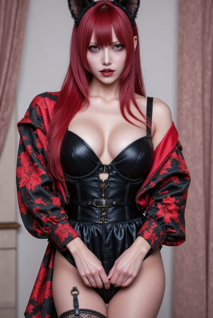 Furry girl 69420 Red head，The exposed breasts in the lifted skirt appear very hairy by the windows of the Victorian house