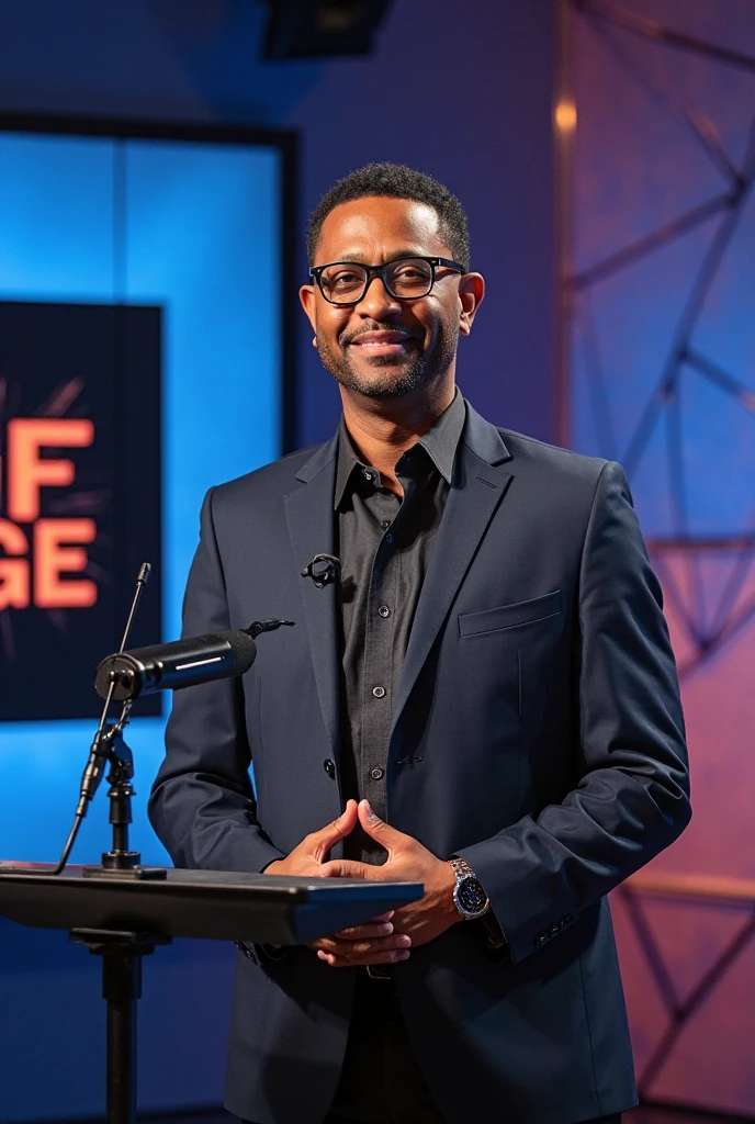homem negro, africano, muito magro, sorrindo, wearing prescription glasses, camiseta branca, blue jeans, with a microphone in hand singing inside an Adventist church, Pose para foto, Foto de Stock, Directed by: Emma Andijewska, Directed by: Jakob Gauermann, igreja, foto de alta qualidade, mid portrait, foto tirada, Fotografe o conjunto, high resolution photo, Religion, amizade, muito expressivo, Anime realista, desenhado, 4k