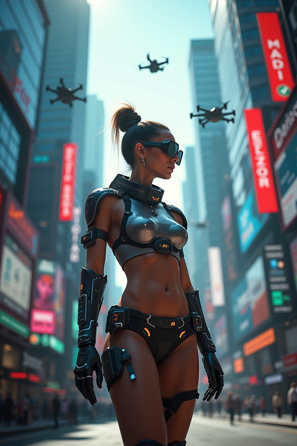 hyper-realistic toned black woman wearing cyberpunk leotard and cyberpunk jacket ontop of building. futuristic heliocopter in background