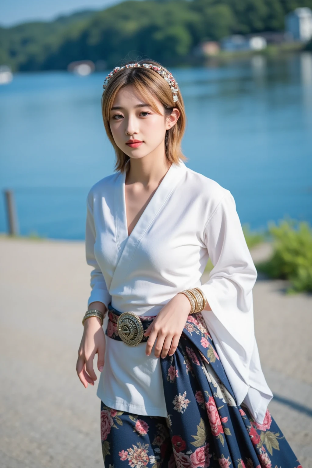 (skindentation:1.2), (realistic:1.1), best quality, photorealistic, 1girl, wearing a red kimono, white pants, choker, light brown beret, Bag, streets, studio soft light, rim light, urban, (detailed background:1.2), (wide hip:1.1), look at the viewer, (pureerosface v1:0.2), Louis Vuitton Leather, Burberry plaid, in front of (((Shwedagon)))pagoda, Myanmar