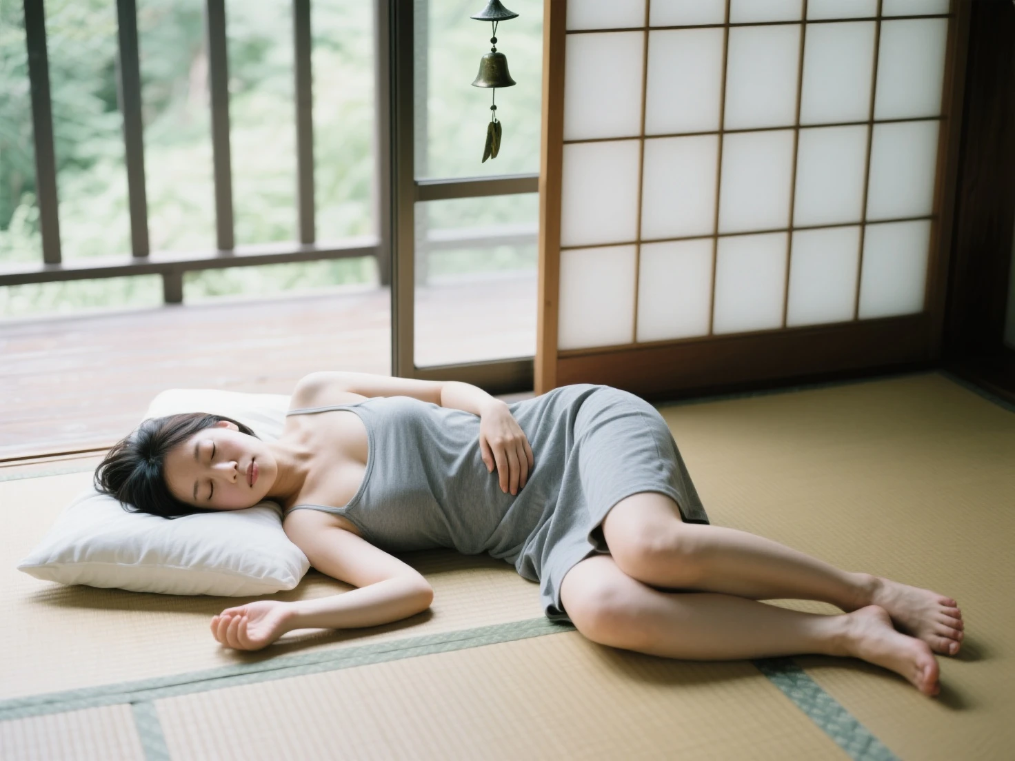 A Japanese housewife in her 40s taking a sloppy nap on the sofa,Sleeping with legs spread、Shortcuts,Flat Chest、Full body image、