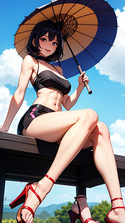 Top quality, masterpiece, from_below, look_at_viewer, look_down, masterpiece, highly detailed 8k CG unit, movie lighting, Miao Qingqing, 1 girl, swimsuit, solo, slot machine, chest, sun, sky, cleavage, clouds, single blade, dark blue hair, casual one-piece swimsuit, white one-piece swimsuit, big, hair over the shoulder, cowboy shot, from below, from the front, looking at the viewer, Chamale, jumping, dynamic poses, turning to the viewer, huge breasts, huge buttocks, curvaceous, thick thighs, hair camel toe, blush, sweat drops, standing, hands covering the chest, beach, sea, sunlight,