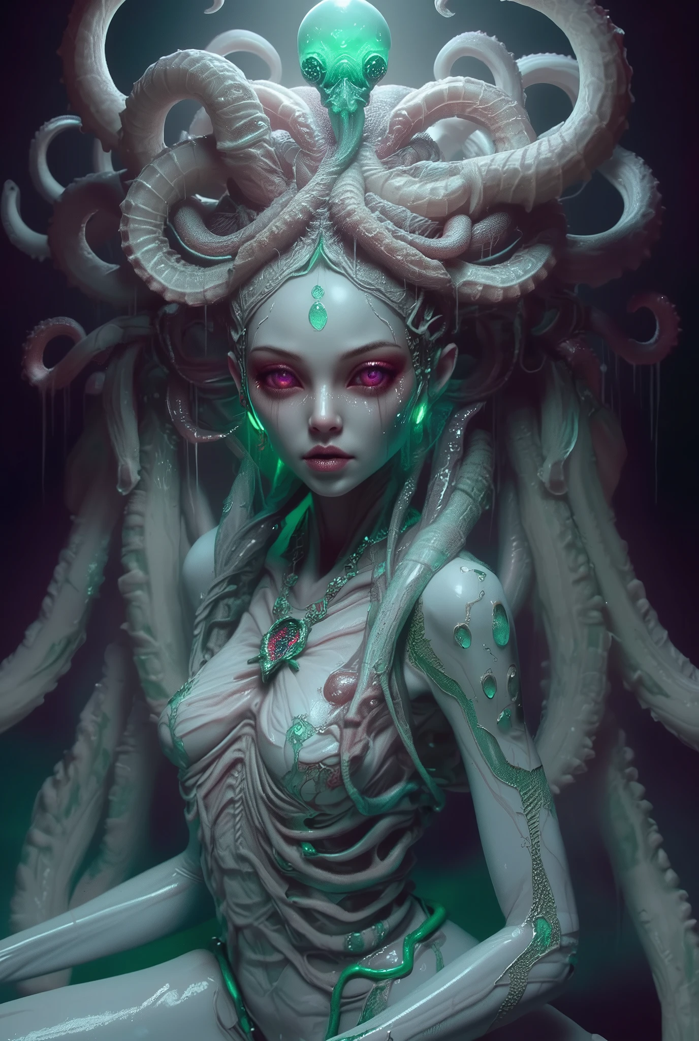 (A portrait of one beautiful and  female alien who is a young teenager:1.4), ((There is a female -like organ in the middle of her forehead:1.8)),  (Numerous award-winning masterpieces, with incredible detail, textures and maximum detail), artistic photography, midnight aura, unreal engine 5, Ultra Sharp Focus, art by Amano Yoshitaka, ArtGerm, Roisch, intricate artwork,ultra realistic realism, high resolution, High freshness, drawing faithfully, official art, Unity 8K Wall paper, ultra detailed artistic photography, dream-like, Creation of fantasy, dream Snail, (biopunk nautilus:1.3),Thrilling color schemes, seductively smiling, Amazing mutation, well-proportioned body, goddess of the deep sea, fractal, Geometric pattern, impossible figures, (translucent white tentacles with stripes:1.4), subtle emerald green accents, (smiling seductively:1.3),(She has the most beautiful face in the history of the universe:1.5), Penelope Cruz, (she is looking at viewers with glowing red eyes with no pupils:1.3), an evil gaze that seduces, (look down at the viewers:1.6)