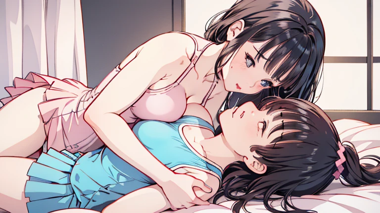 A glittering love hotel,（(On a decorated bed)）,（(A Japanese woman in white underwear lies on top of someone)), (( Lying Japanese woman with bob cut)), ((Two Japanese women in their 20s hugging each other, wicked smile, Japanese woman looking away)), random pose,((Japanese women 2 people,Real young gravure idol,  Young and beautiful gravure idol,  Chiho, 8K)), 若いsensualグラビアアイドル, Wet, shiny skin!!, shiny silver, Mole under the left eye,Cute freckles on the cheeks,((beautiful skin)),((skin texture)),((Real Touch)), healthy,ruddy skin, beautiful clavicle, Tie your hair with a rubber band,ponytail,  ((Embellished Detail Bra,sensual)),